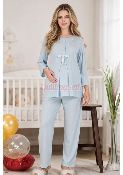 Quilling Lady Bebe Mavi Renkli, Dantel Detaylı 33209 Uzun Kol, 2 Parça Lohusa Hamile Pijama Takımı Açık Mavi M - L