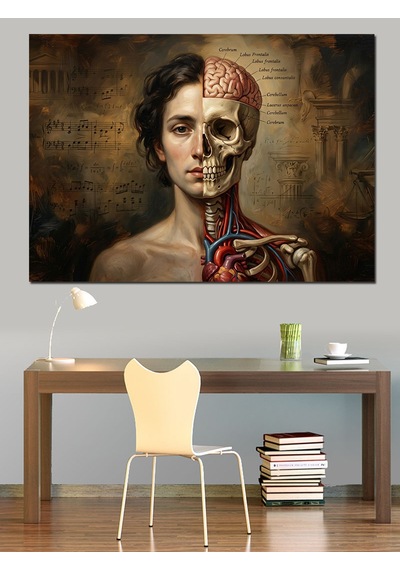 İnsan Anatomisi Yarım Kafatası Portre Dekoratif Kanvas - Mdf Ahşap Tablo