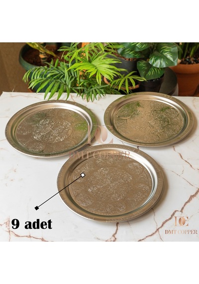 430 Kalite Krom Çelik 9 Adet Tepsi 24 Cm Fırına Uygun, Osmanlı Motifli, Kebap & Restoran Sunum Tepsisi Gri