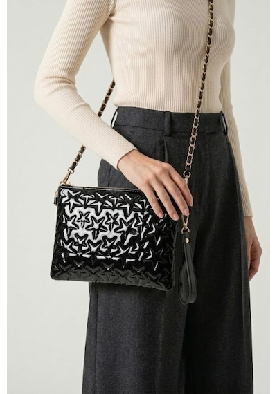 Gl-003 Yıldız Dikişli Kadın El Çantası Clutch Çanta Omuz Çantası Çapraz Çanta Pörtföy Çanta Rugan Siyah