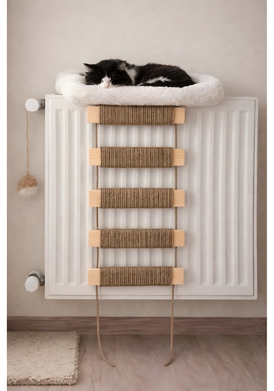 Ahşap Kedi Tırmanma Merdiveni Ve Duvar Köprüsü - Jüt İpli, 5 Basamak, 50 Cm