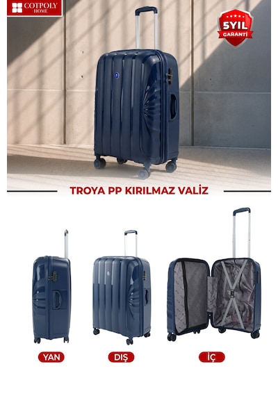Cotpoly Home Troya Pp Polipropilen Kırılmaz Kabin Boy Valiz 360 Döner Sessiz Tekerlekli Lacivert