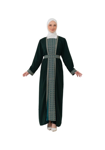 Zaytoon Nakışlı İç Elbiseli Ve Kemerli İki Parçalı Filistin Mirası Abaya Seti Yeşil