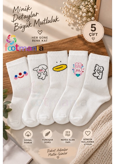 Footmania Kadın Sevimli Desenler 5 Çift Kolej Çorap Seti Beyaz