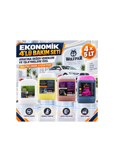 Ekonomik 4 Lü Oto Bakım Seti 4x5 Lt Pembe Köpük Şampuan, Döşeme Temizleyici, Torpido Ve Lastik Parlatıcı