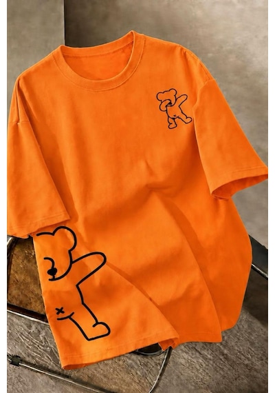 Ayıcık Baskılı Unisex Oversize Sokak Stili T-shirt Turuncu