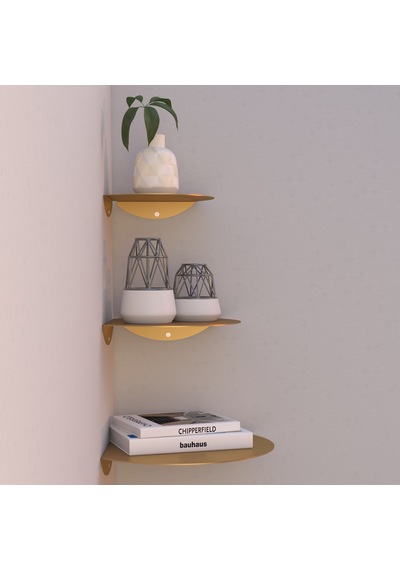 Oval Metal 3'lü Duvar Köşe Rafı Modern Dekoratif Raf Seti Gold