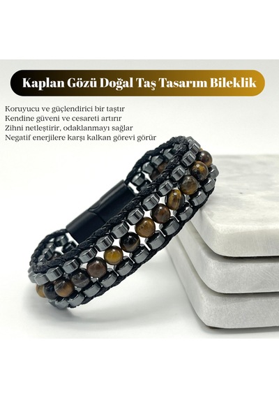 Sertifikalı Kaplan Gözü Taşı Erkek Bileklik Çelik Kilitli, Doğal Taş Tasarım, Şık Ve Özgün Kahverengi