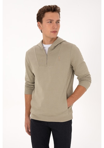 U.S. Polo Assn. Erkek Regular Fit Yarım Fermuarlı Kapüşonlu Açık Haki Sweatshirt 50316391-VR183