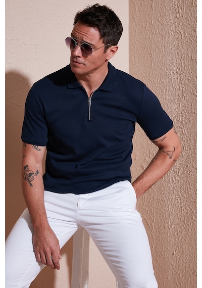 Buratti Pamuklu Regular Fit Fermuarlı Erkek Polo Yaka T Shirt 5902738 Indigo
