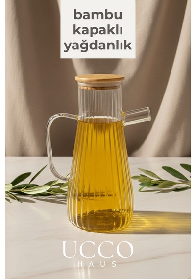 900 Ml Bambu Kapaklı Vakumlu Borosilikat Cam Yağlık Sirkelik Sürahi Yağdanlık Krem
