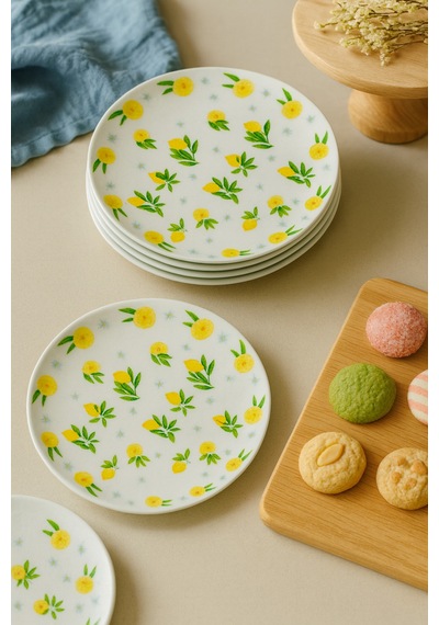 Grandora Limon Desenli 6'lı Pasta Sunum Tabağı 20 Cm Minimal & Şık Sofra Ürünü Pasta Ve Tatlı Tabağı Sarı