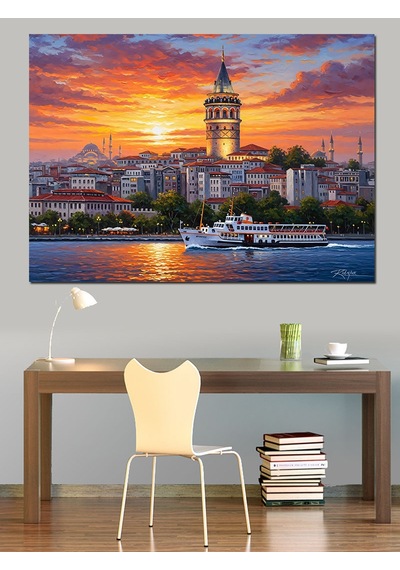 İstanbul Galata Kulesi Günbatımı Dekoratif Kanvas - Mdf Ahşap Tablo