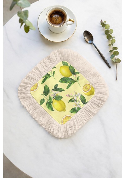 Limon Çiçek Bahçesi Saçaklı Sunum Peçetesi - Pastel Yaz Ferahlığı Akdeniz Sarı Bardak Altlığı Mendil Çok Renkli