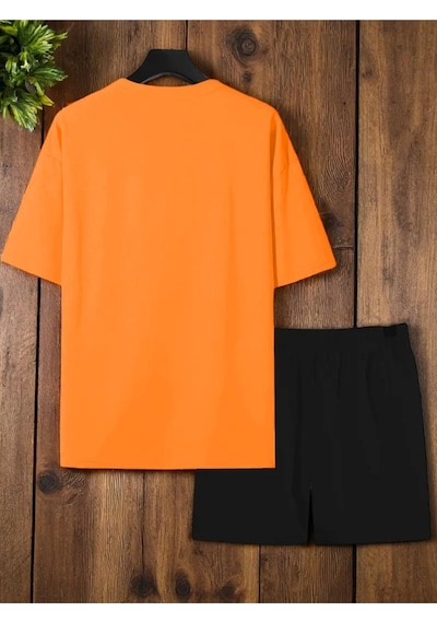 Uyguntarz Unisex Dr. Ayı Tasarım Basklı Tshirt Şort Takımı Turuncu