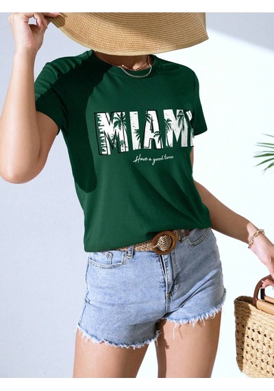 Miami T-shirt - Nefti Yeşil Baskılı Oversize Bisiklet Yaka Kısa Kol Tişört Nefti Yeşil