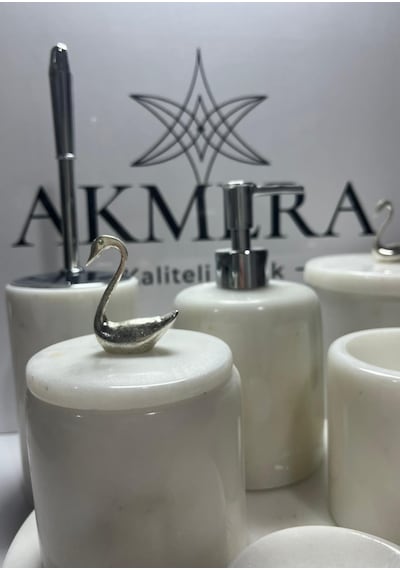 Mermer Top Ayaklı Standlı 7 Parça Lüks Banyo Seti Beyaz - Krom