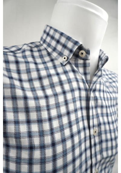 Elitpark Plaid Mavi Gri Desenli Pamuklu Cepli Uzun Kol Premium Erkek Gömlek