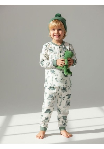 Zekids Erkek Çocuk Pamuklu Safari Desenli Çıtçıtlı Pijama Takımı-16836 Mint