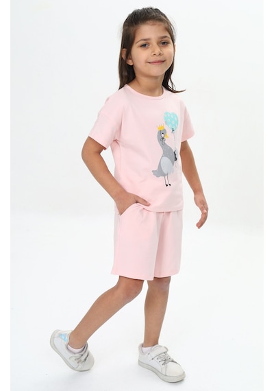 Toontoy Kids Toontoy Kız Çocuk Ördek Baskılı Şortlu Takım Pudra