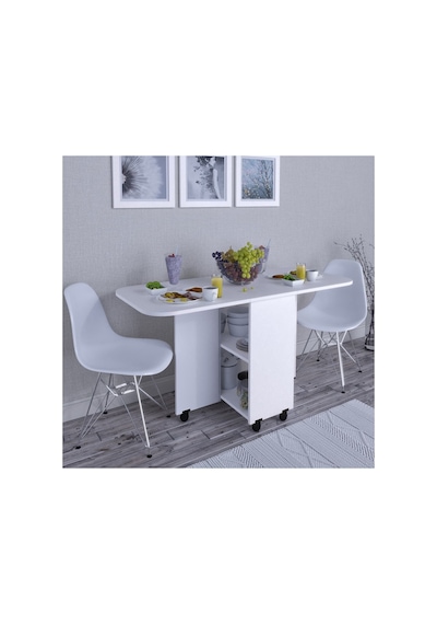 Açılır Katlanır Yemek Masası Oval Masa Mdf Beyaz