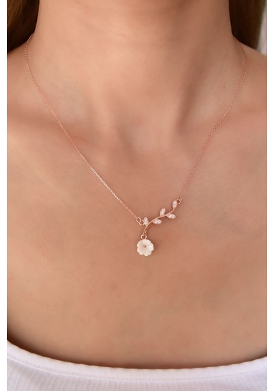 Papatya Silver 925 Ayar Gümüş Rose Kaplama Zirkon Taşlı Sedef Manolya Çiçeği Kolye