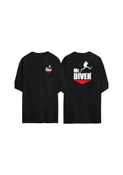 Thewert Unisex Tüplü Dalış Mr. Dıver Ön Arka Baskılı Sıyah Oversize T-shirt Siyah