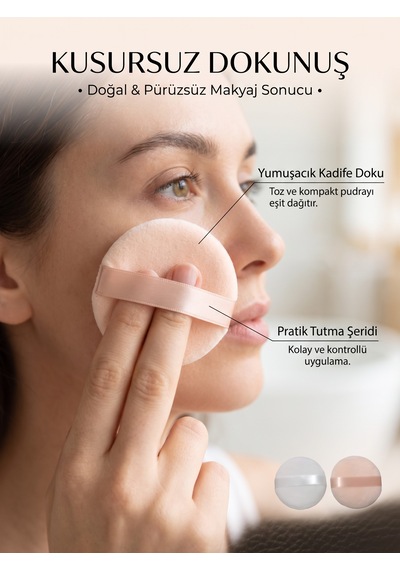 Yumuşak Kadife Pudra Püskülü Makyaj Sungeri Beyaz - Pembe 2'li Set