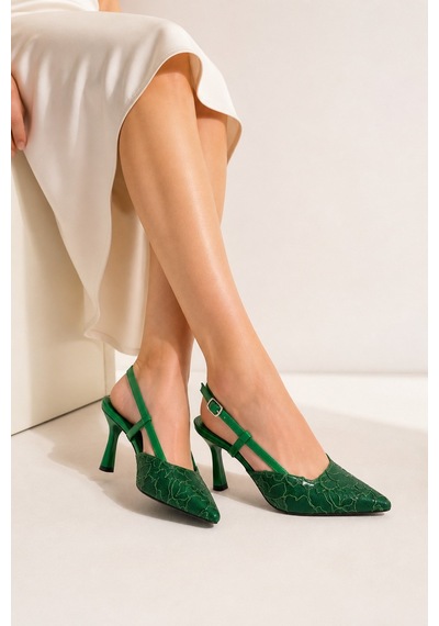 Lebibe Shoes Lısa Kadın Yeşil Sivri Burun 7 Cm Topuklu Çiçek Dantel Desenli Rugan Slingback Ayakkabı Lebibe Shoes Lısa Kadın Yeşil Sivri Burun 7 Cm Topuklu Çiçek Dantel Desenli Rugan Slingback Ayakkabı