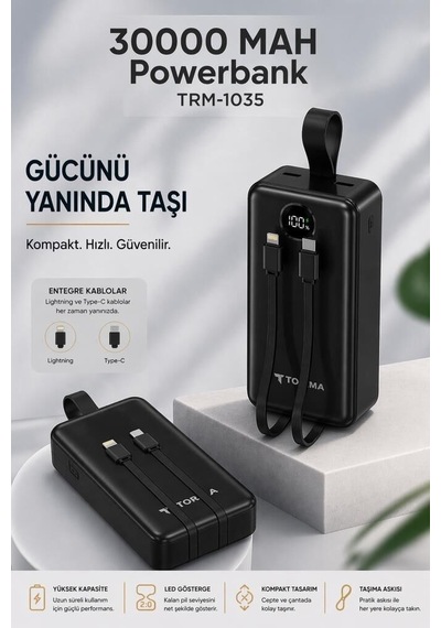 Özel Üretim Powerbank Trm1035 Siyah 30.000 Mah Hızlı Dolum Göstergeli Batarya Çok Renkli