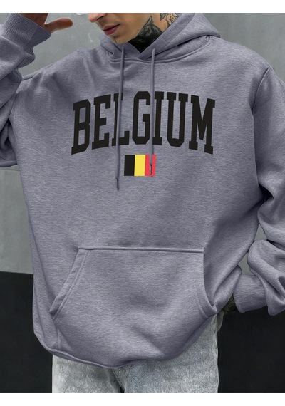 Startmore Startmorebelçika Mektubu Ve Bayrak Baskılı Erkek Kapüşonlu Üstleri Hip Hop Unisex Kapüşonlu Sonbahar P Gri