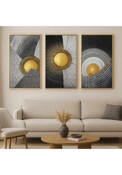 Kutsal Uyanış - Gerçek Cama Baskı Gold Alüminyum Metal Çerçeveli 3'lü Modern Tablo