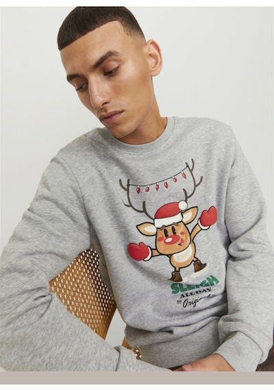 Jack & Jones Yılbaşı Temalı Baskılı Sweatshirt - Xmas 12247523 Light Grey Melange Yeşil