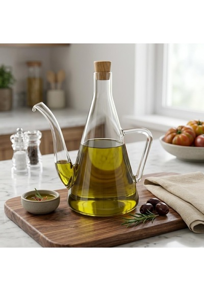 500 Ml Akasya Ahşap Kapaklı Borosilikat Cam Yağlık Ve Sirkelik - Düz Ve Çizgili Desen Seçenekleriyle Şık Konik Tasarımlı Cam Kulplu Damlatmaz Mutfak Gereci Düz