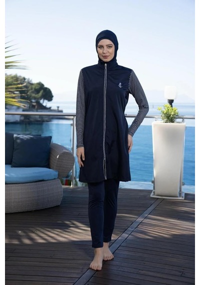 Estiva 24954 Marine Kollar Çizgili Tam Boy Tesettür Mayo Lacivert
