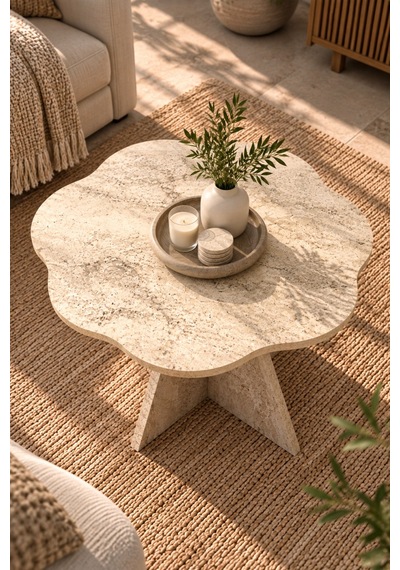 Sulorahome Çiçek Formlu Traverten Desenli Bej Orta Sehpa 70 Cm Akçaağaç