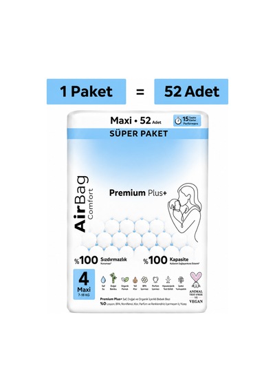 Premium Plus Airbag Comfort Bebek Bezi 4 Beden 52 Adet 4 - 7 Yaş