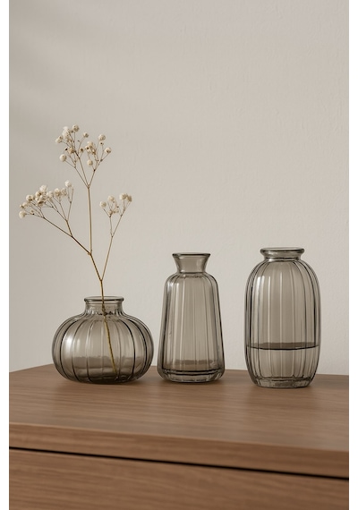 Qerhome Dekoratif Minimalist 3'lü Cam Vazo Füme Füme