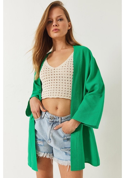 Shade Kadın Keten Dokulu Kısa Basic Kimono 60261496 - Yeşil