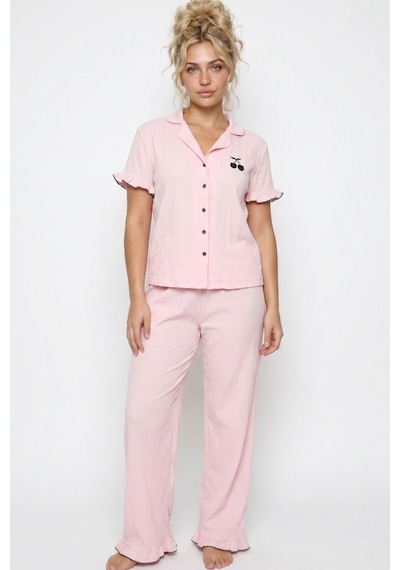 Siyah İnci Nakışlı Bürümcük-krınkıl Kısa Kollu Düğmeli Pijama Takım 8057 Pembe