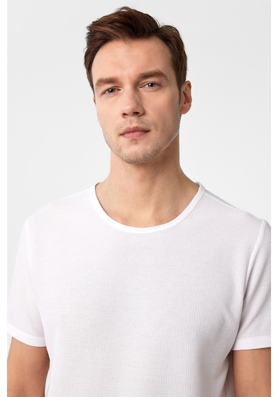 Süvari Beyaz Slim Fit Armürlü Bisiklet Yaka Tişört-37259 Beyaz