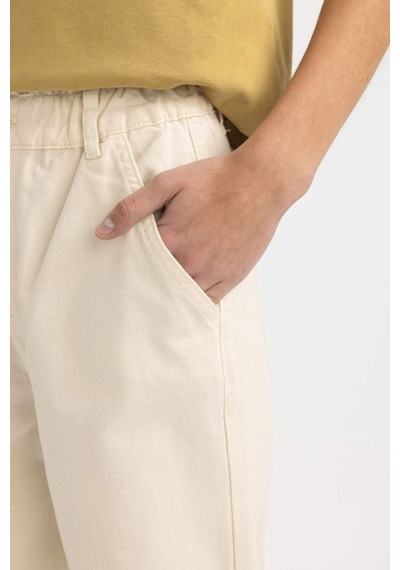 Defacto Paperbag Gabardin Pantolon Yüksek Bel Cepli Basic Düz Standart Paça S2790AZ24SMER99 Ekru