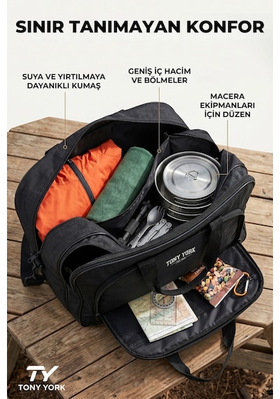 Tony York Orijinal Unisex Konfor Modeli Çok Gözlü Seyahat Tatil Spor Kabin Boy Kumaş Valiz El Ve Omuz Çantası Siyah