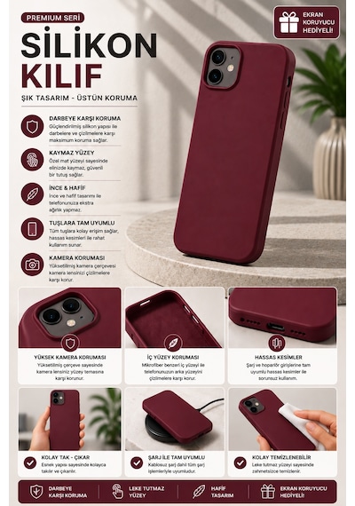 İphone 13 Uyumlu Premium Lansman Silikon Telefon Kılıfı Bordo