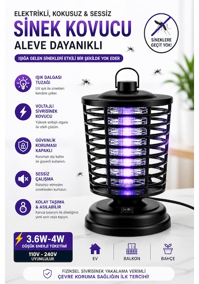 Elektrikli Sinek Kovucu Uv Işık Sessiz Güvenli 4w Düşük Tüketim Ev Bahçe Kullanım