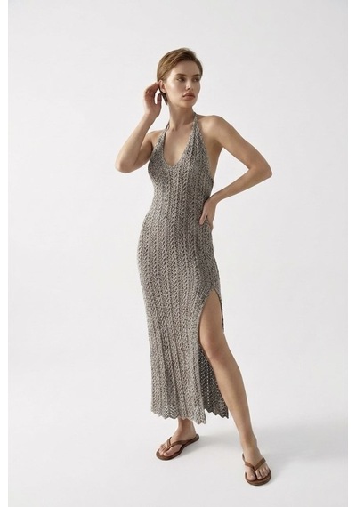 Neden Tekstil Beachwear Boyundan Bağlamalı Ajurlu Triko Plaj Elbisesi - Gri