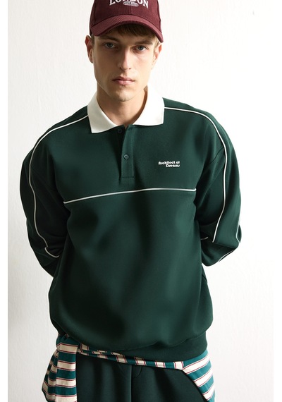 Defacto Boxy Fıt Polo Yaka Baskılı Sweatshirt F0116ax26augn852 Yeşil-gn852