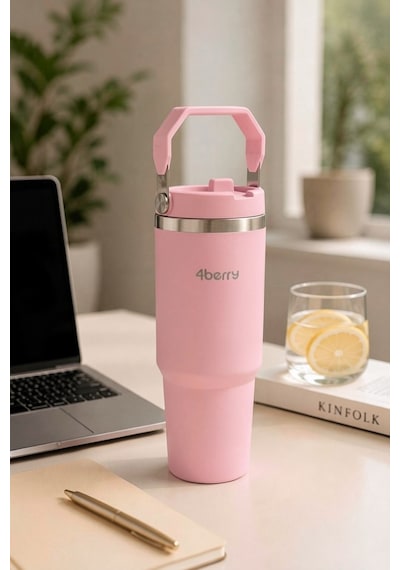 Ss119 900 Ml Çelik Termos Bardak Pipetli Kulplu Taşınabilir Su Matarası Pembe