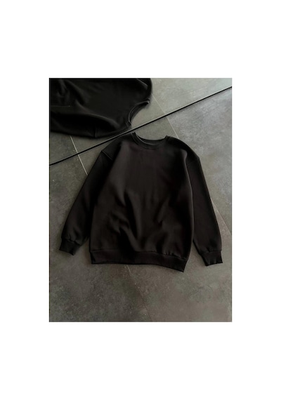 Kadın Bisiklet Yaka 3 İplik Pamuklu Basic Sweatshirt - Siyah