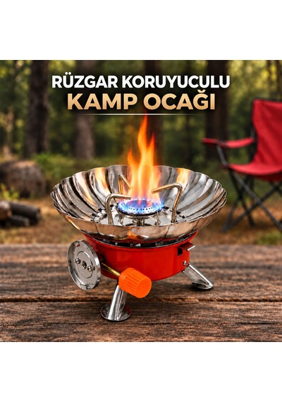 Portatif Kendinden Çakmaklı Rüzgar Koruyuculu Kamp Ocağı Kırmızı